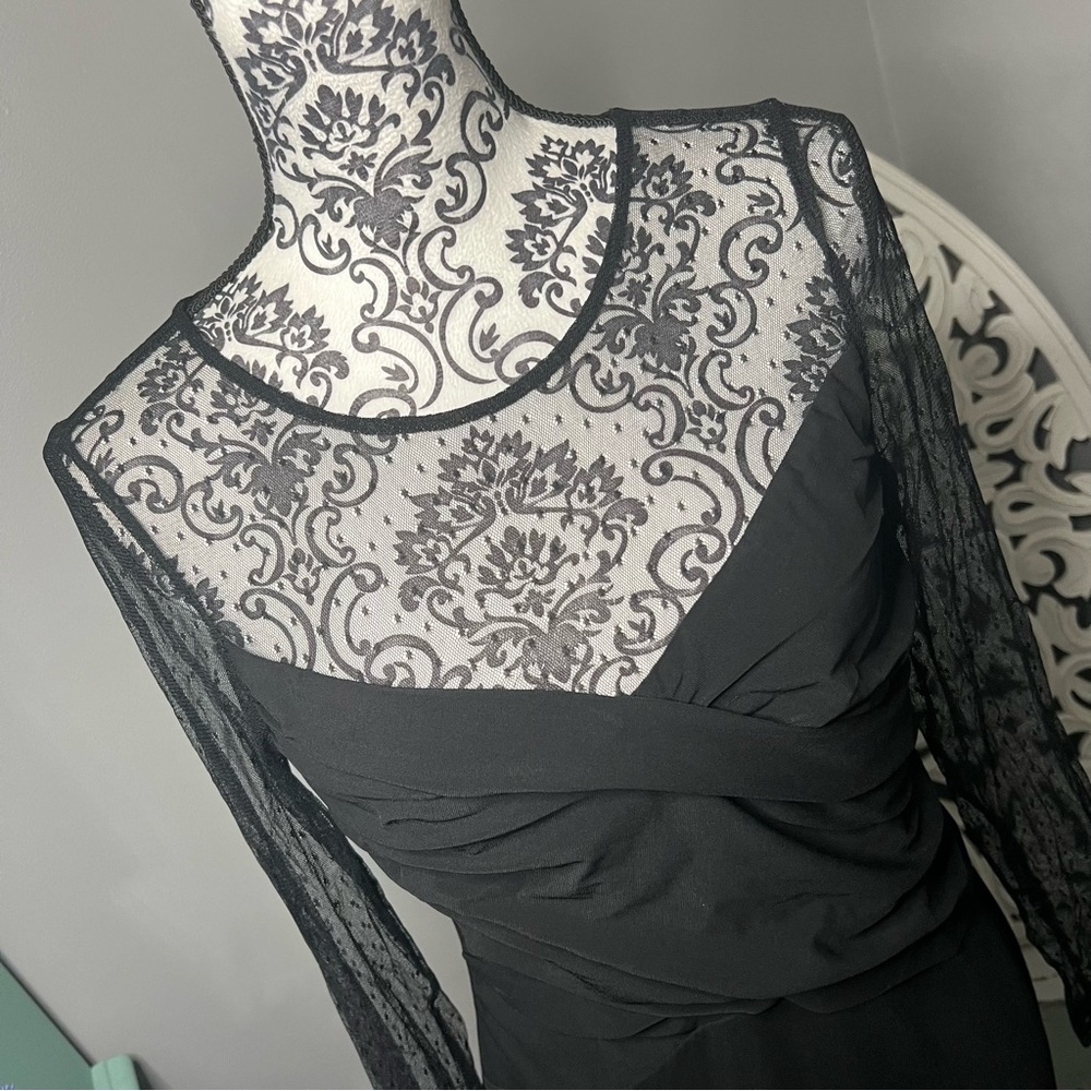 Vince Camuto Ruched Dot Mesh Dress Size Medium Black LBD Wedding Guest - Picture 4 of 14